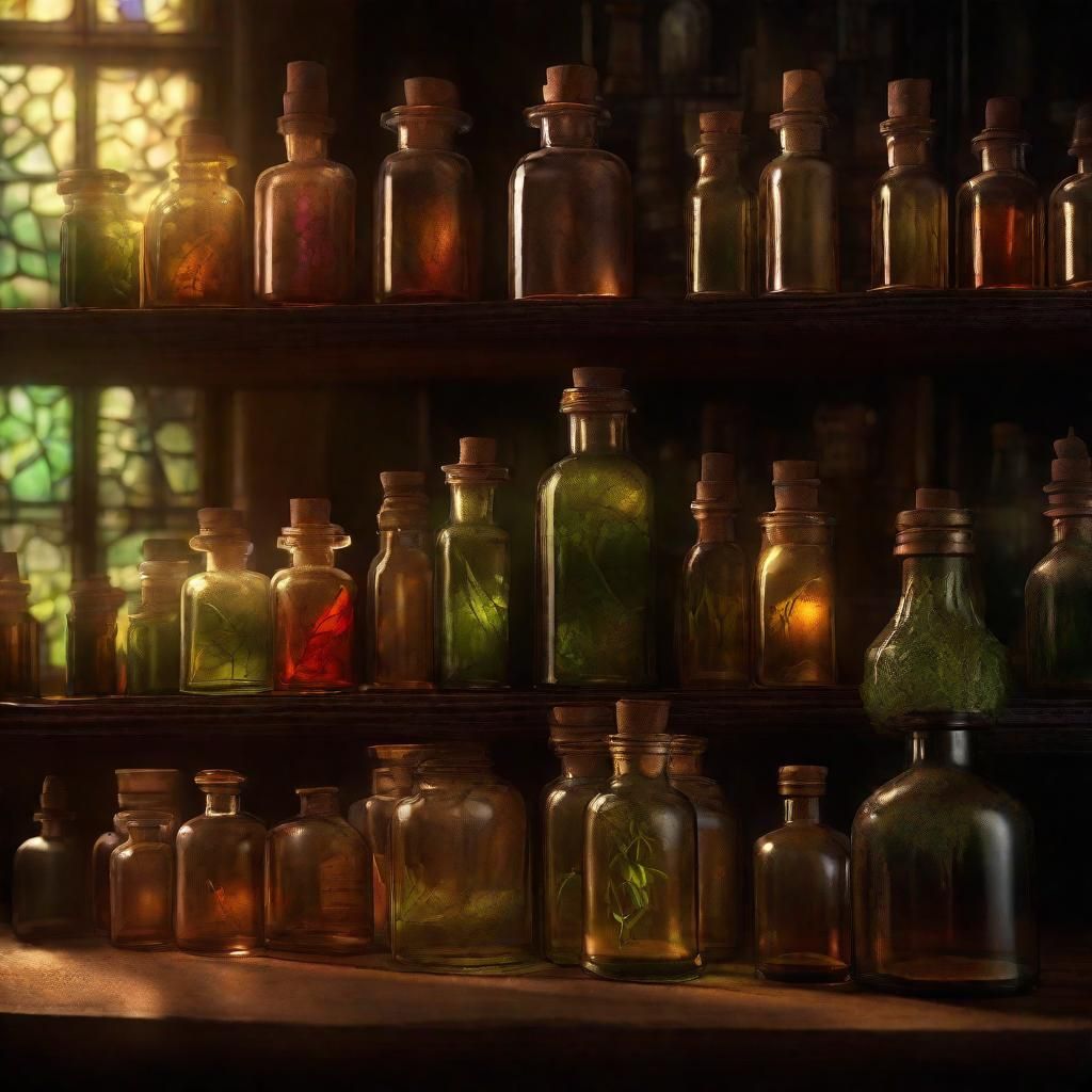 Mystical Apothecary Shelf of Tinctures in Antique Style