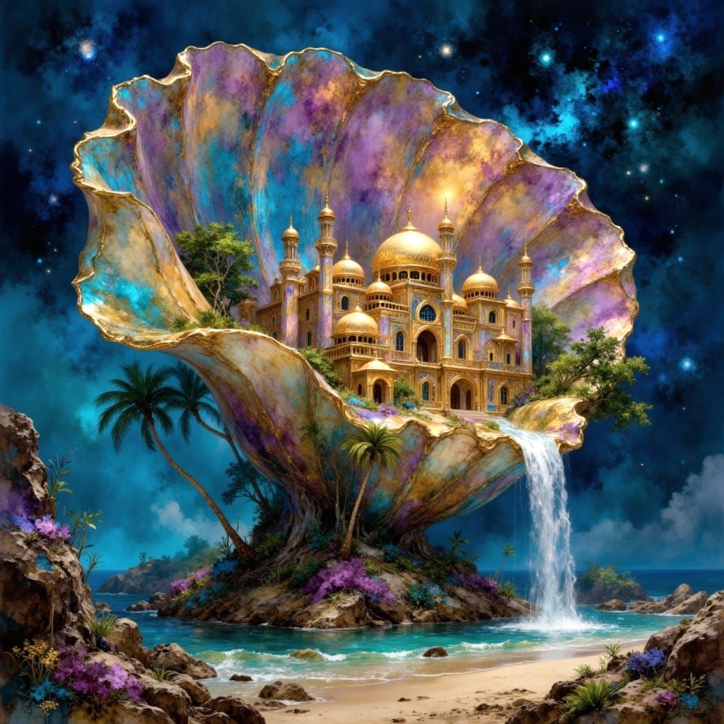 Giant Iridescent Shell Palace on Beach at Night