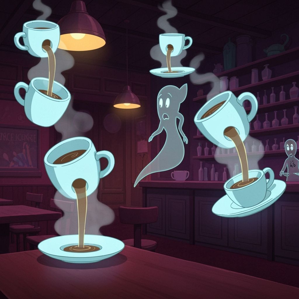 Otherworldly Cafe with Floating Mugs and Ghostly Baristas