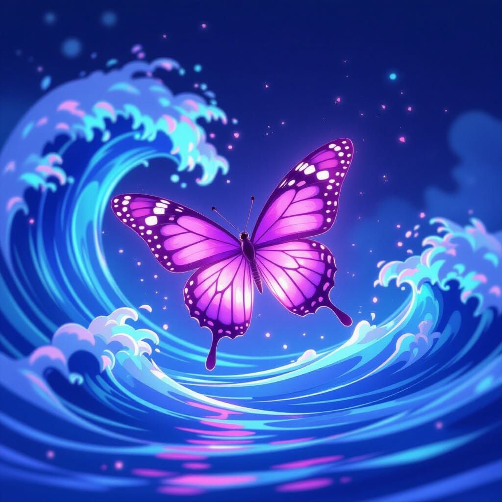 Glowing Purple Butterfly Over Stylized Water in Anime Style