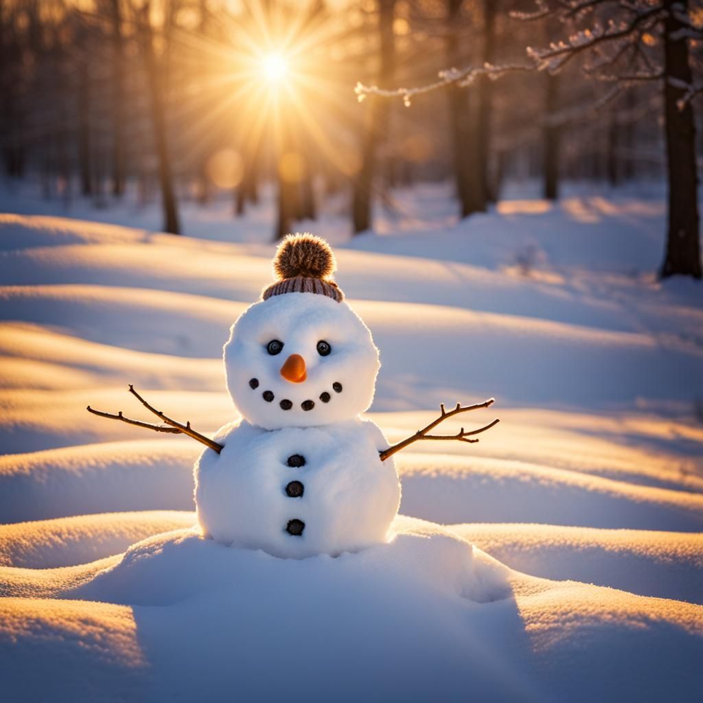 Festive Snowman in Winter Field at Golden Hour