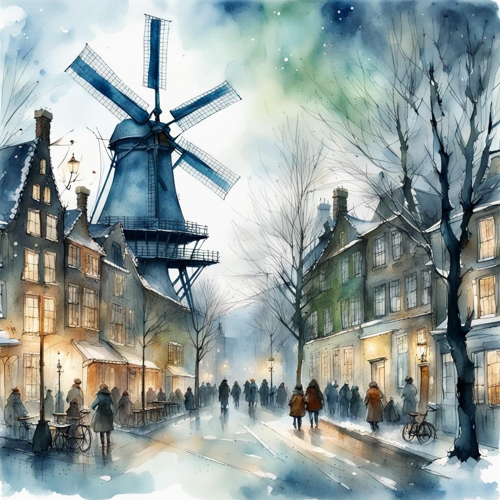 Winter Scene in Delft: A Watercolor Illustration
