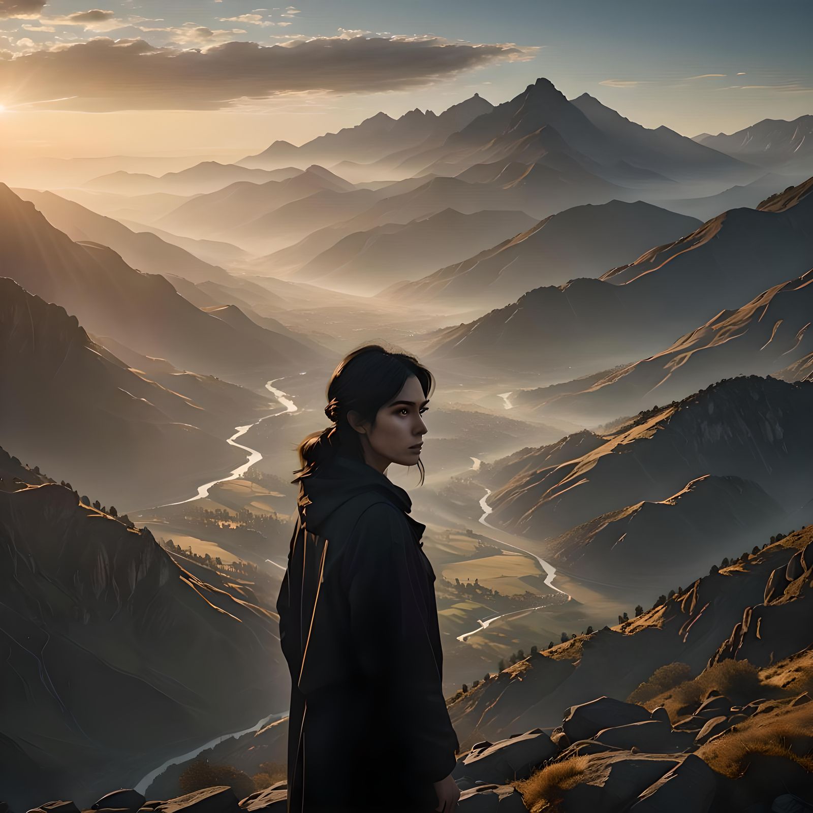 Black-Haired Girl Watches Sunrise: Hyperrealistic Image
