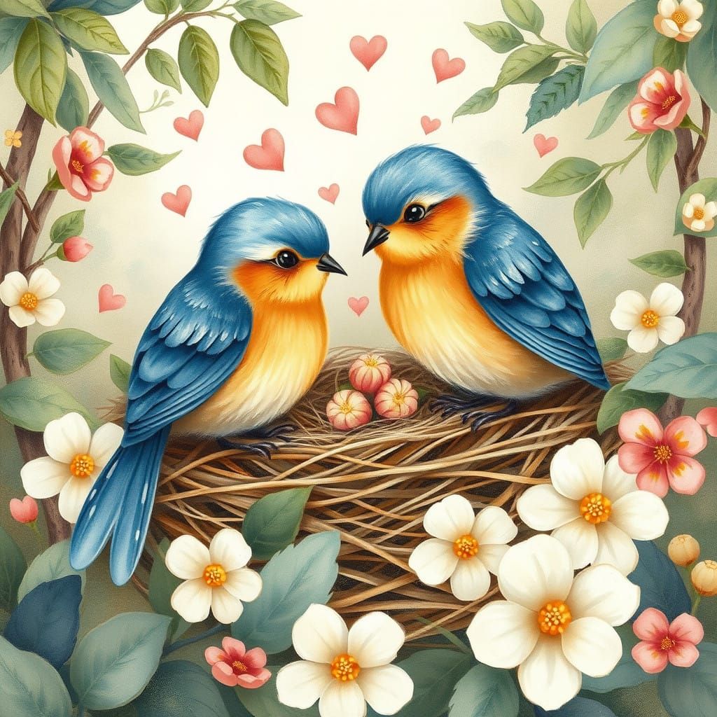 Delicate Blue Birds Build a Nest in Whimsical Watercolor Sty...