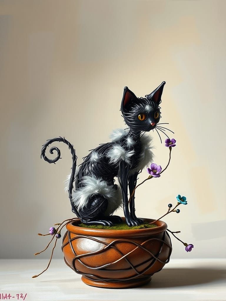 A miniature wire sculpture of a cat sitting inside a bonsai-...