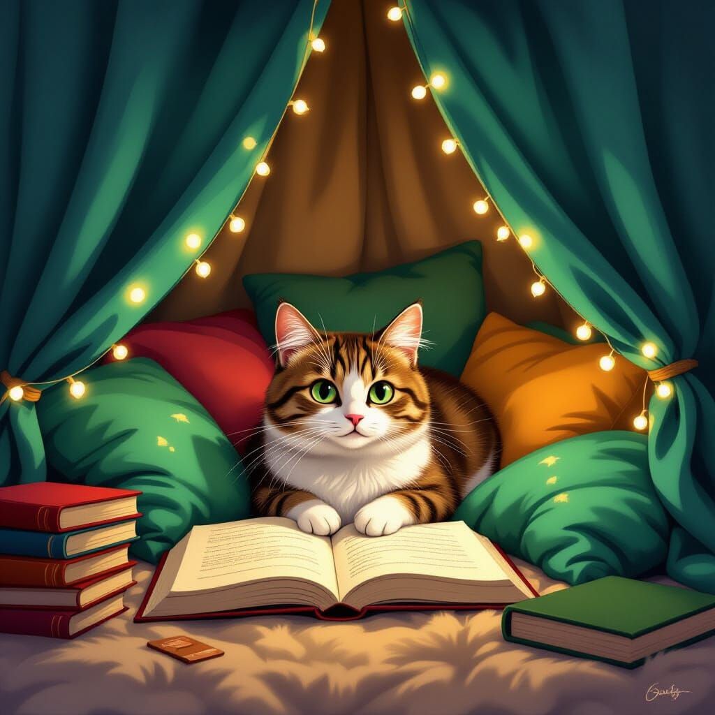 Cozy Cat in Fairy-Lit Blanket Fort