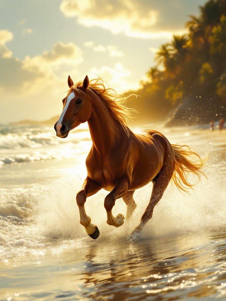 Golden Hour Beach Scene with Horse, Baywatch Style