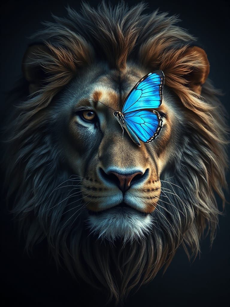 Majestic Lion's Head with Blue Butterfly in Moonlit Savannah