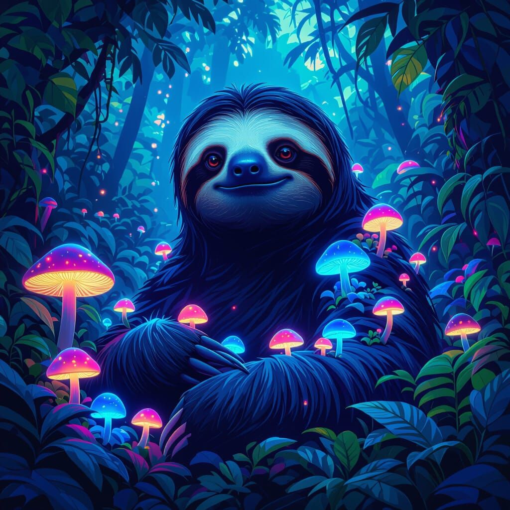 Bioluminescent Sloth in Vibrant Neon Rainforest