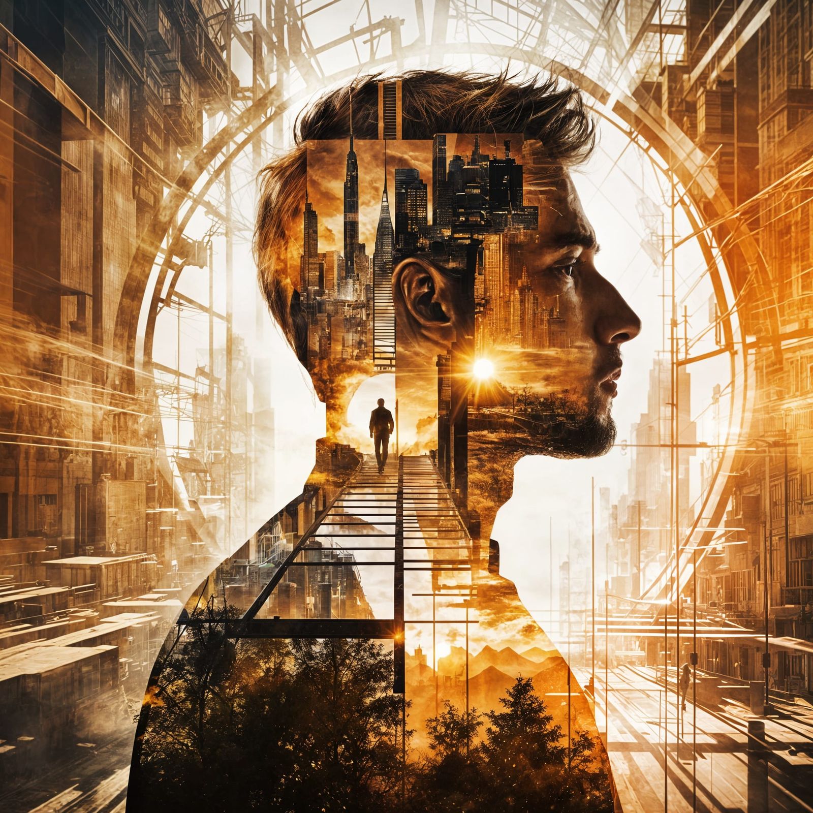 Male Silhouette Double Exposure with Inner World