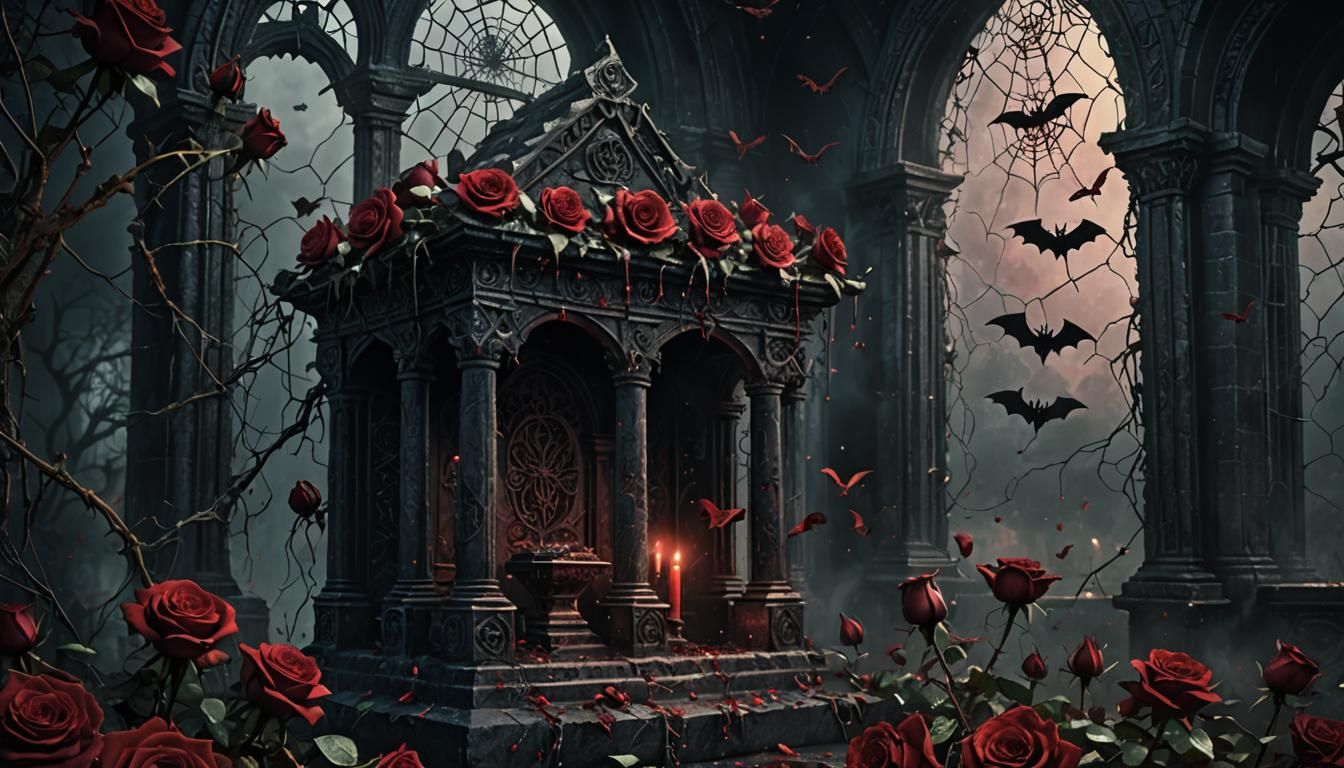 Dark Fantasy Roses, Bats and Spiderwebs Illustration