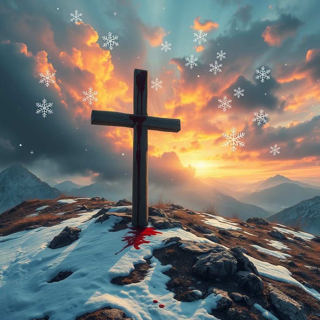 Blood Stained Cross on Snow Hill in Dramatic Sky