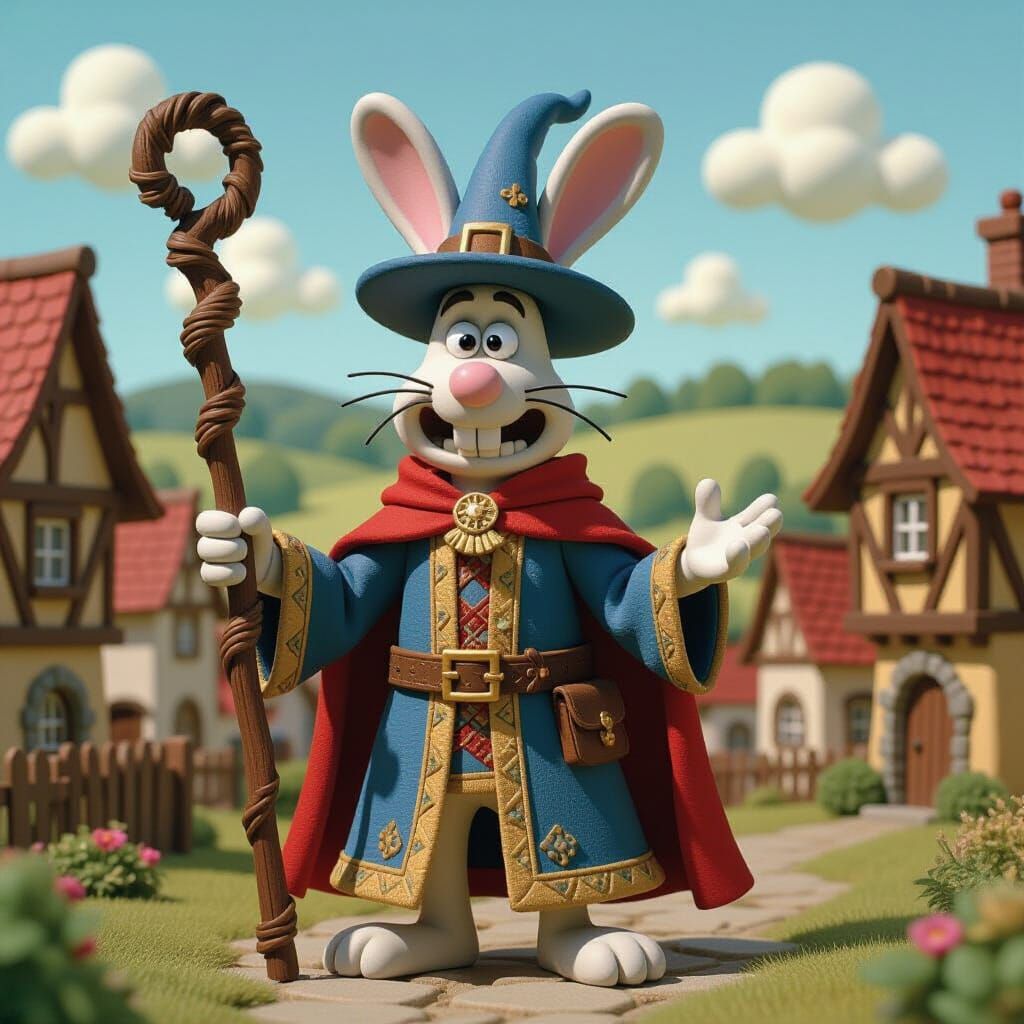 Claymation Wizard Rabbit in Medieval Village