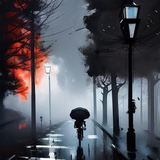 Monochrome Rainy Street Scene in Manga Style