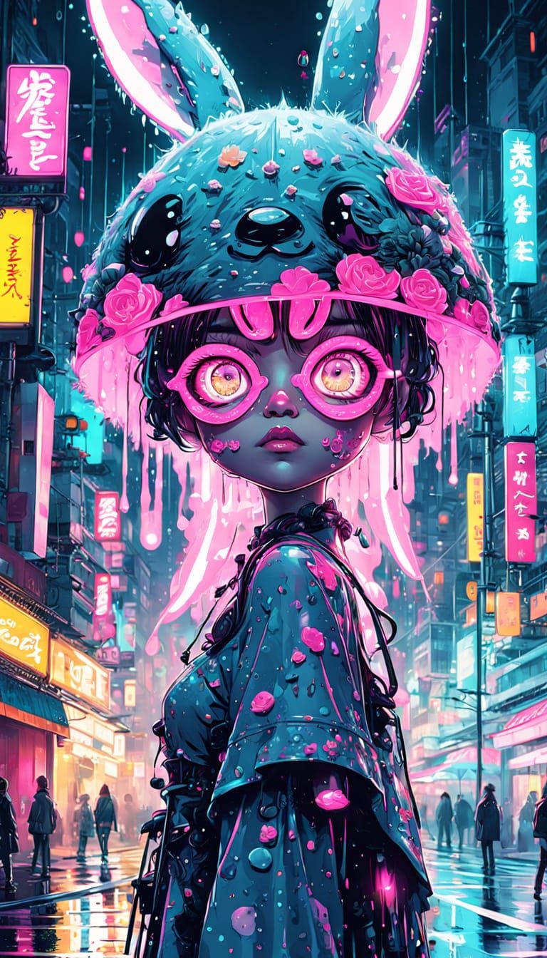 Anime Girl in Neon Cityscape: A Surreal, Intricately Detaile...
