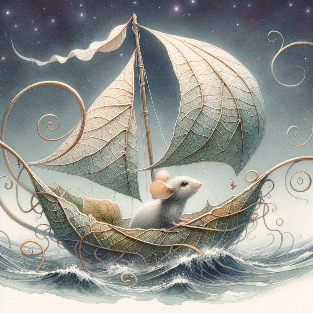 Mouse in Leaf Boat Under Starry Sky