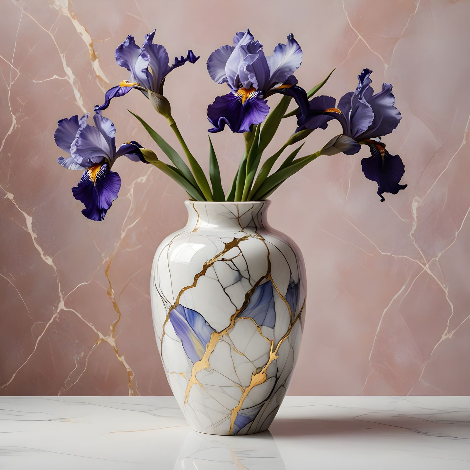 Shiny Kintsugi Marble Vase with Irises on Pastel Background
