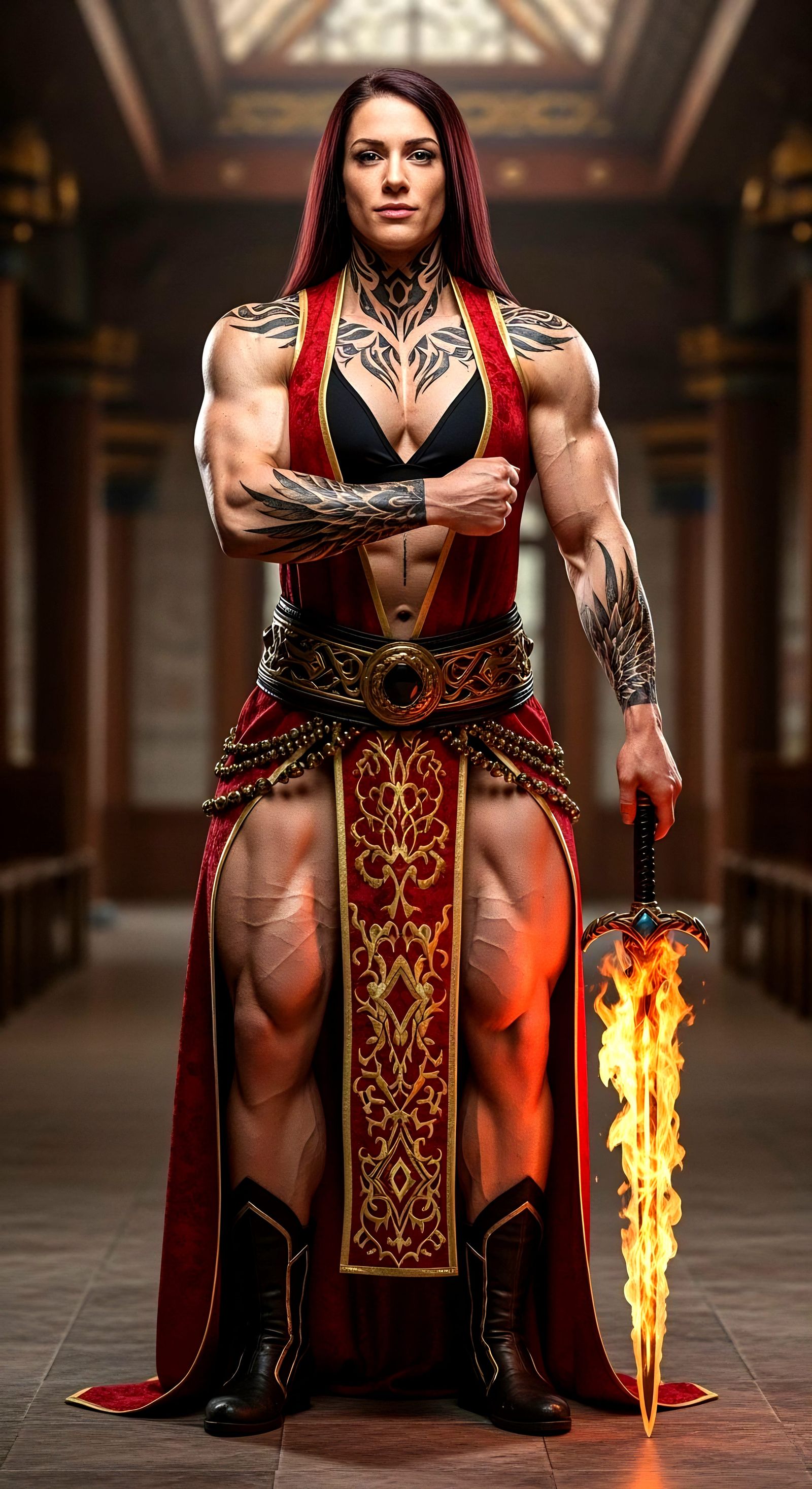 Muscular Priestess Warrior with Red and Gold Embroidery
