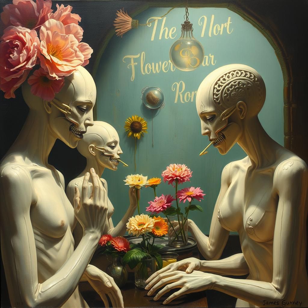 Surreal Mannequin Flower Bar in Oil Painting Style