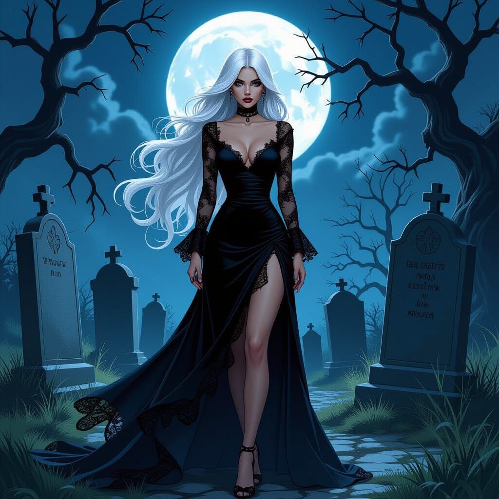 Goth Girl in Moonlit Graveyard Comic Art Style