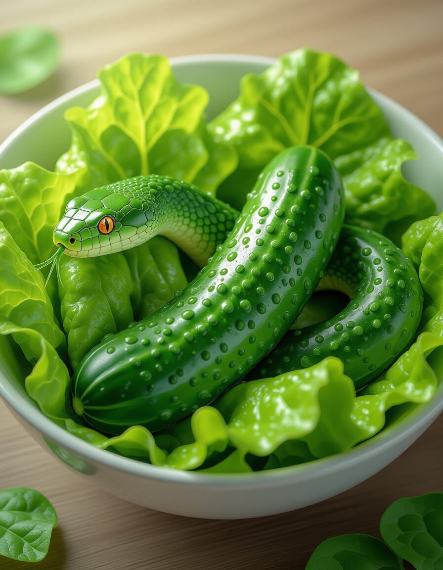 Cucumber Serpent Slithers Through Salad: Hyperrealistic Digi...