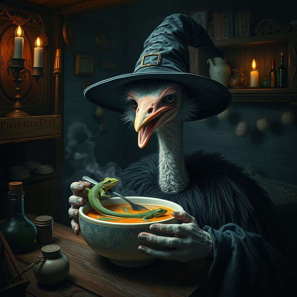 Mysterious Ostrich Witch Devours Lizard Soup in Darkened Lai...