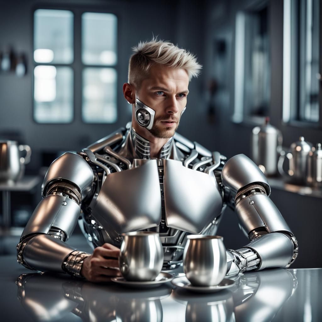 Handsome Silver Robot Serves Tea in Metallic Room
