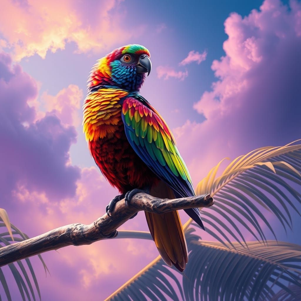 Iridescent Bird on Palm Branch in Fantasy Style