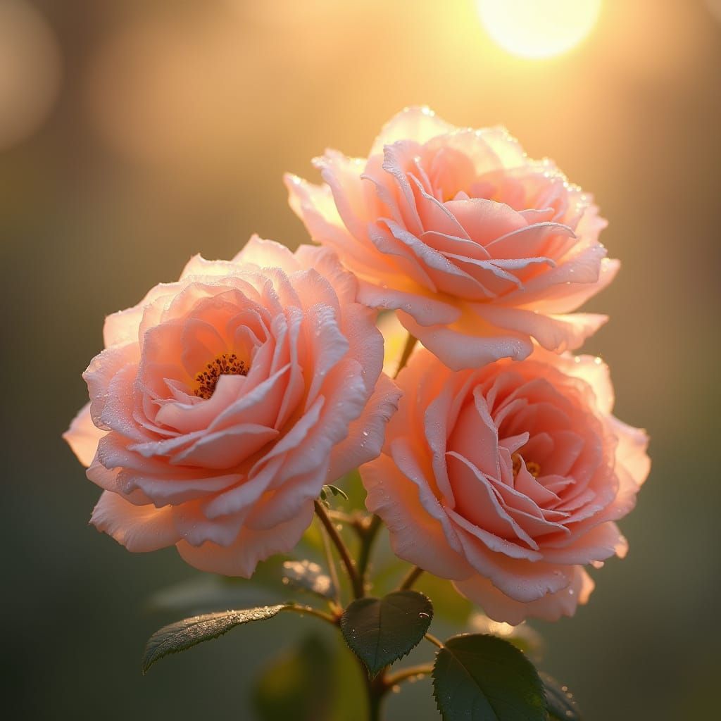 Tea Roses with Dew in Hyperrealistic Botanist Art