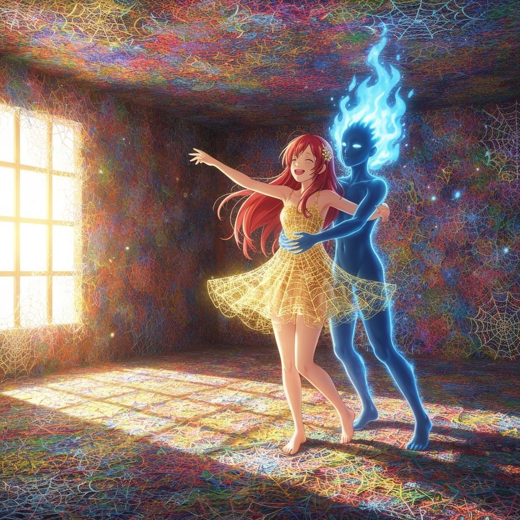 Girl Dancing with Fire Spirit in Spider Web Room