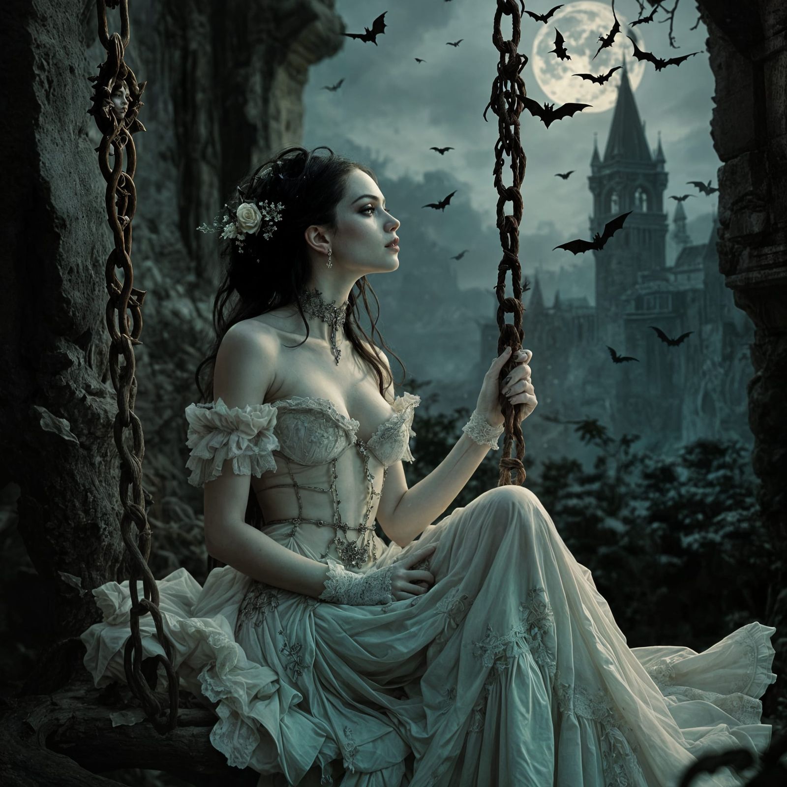 Gothic Goddess in a Haunting Castle Scene