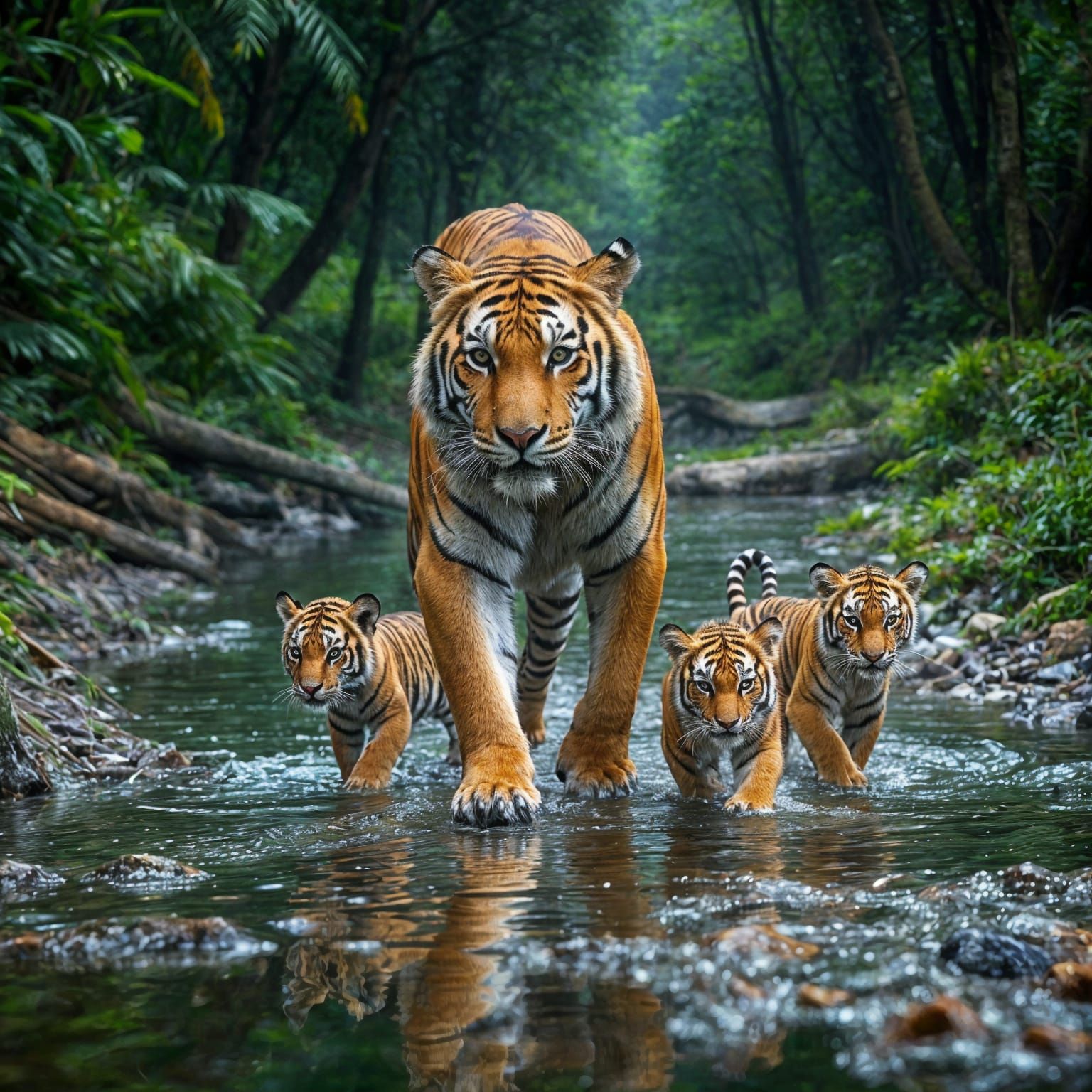 Tiger Family Roams Serene Forest Landscape
