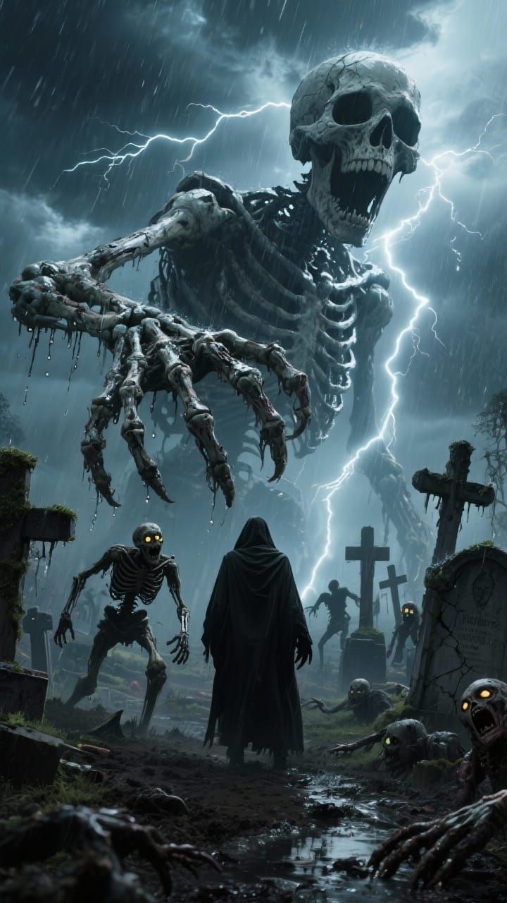 Nightmare Graveyard: Colossal Skeletal Figure in Storm