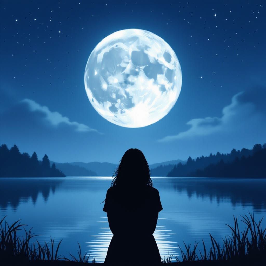 Woman Silhouetted Against Moonlit Lake