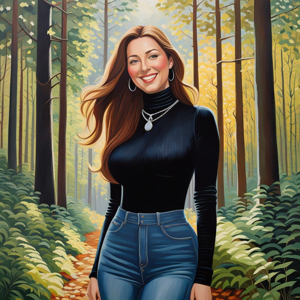 Elegant German Woman in a Lush Forest, Oil Painting Style