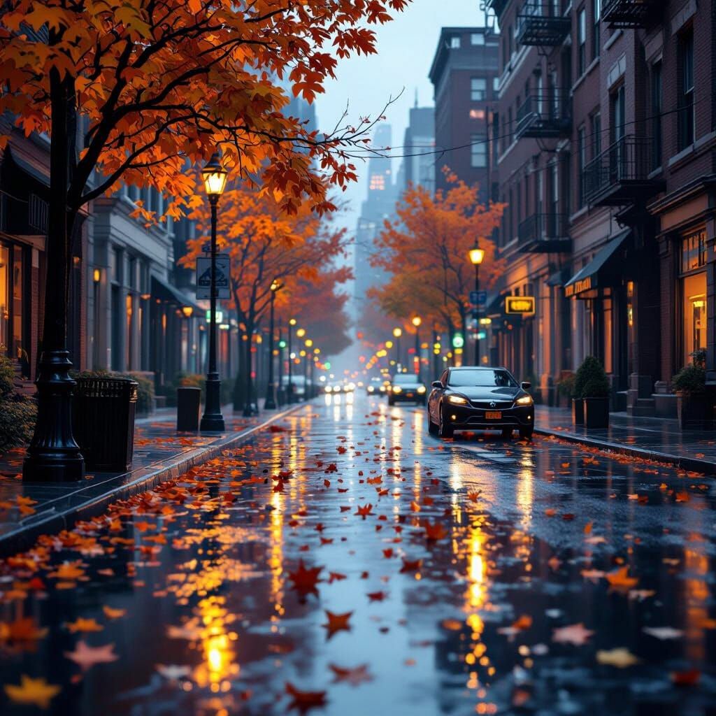 Rainy City Street at Dusk with Autumn Colors
