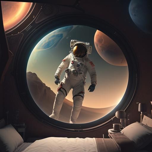 astronaut laying on a bed with a window looking onto Mars