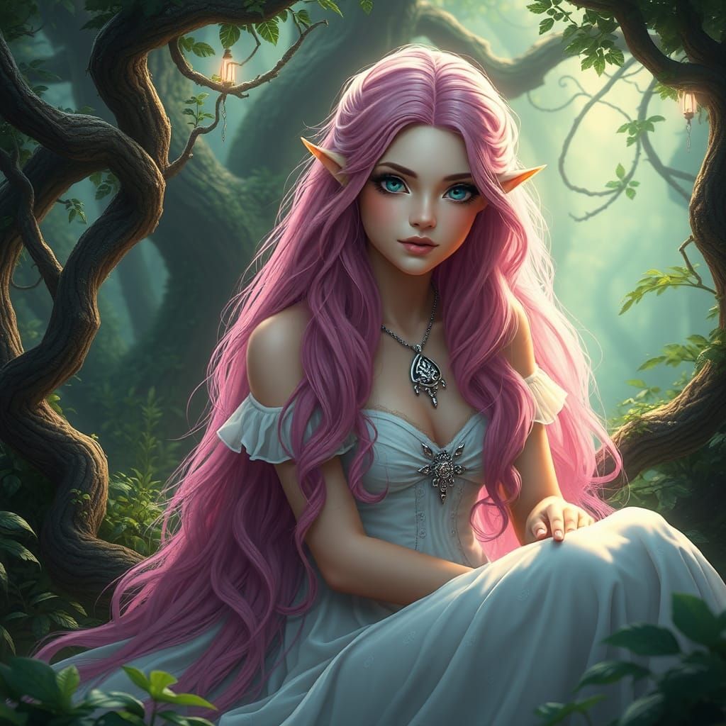 Mystical Pink-Haired Tuatha Dé Danann in Enchanted Forest