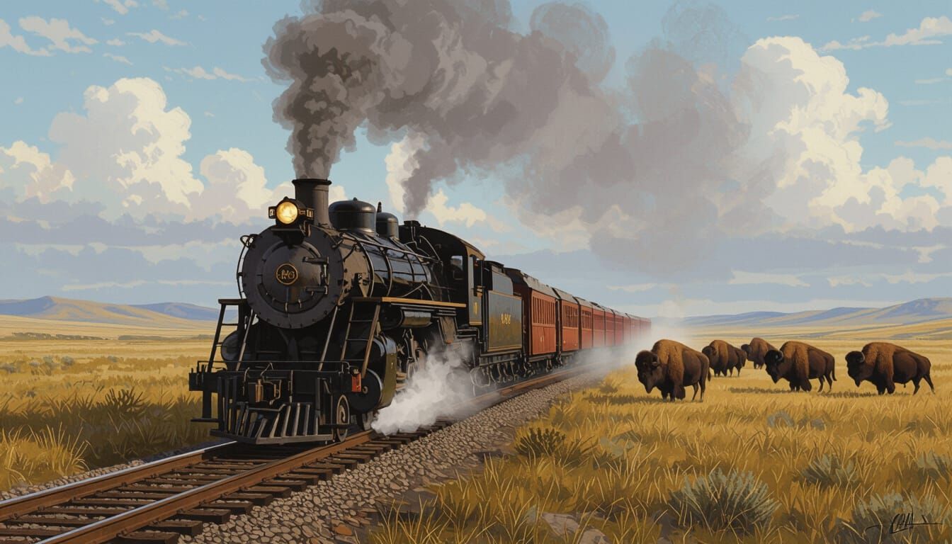 Bison Herd and Steam Train on Grassy Plains