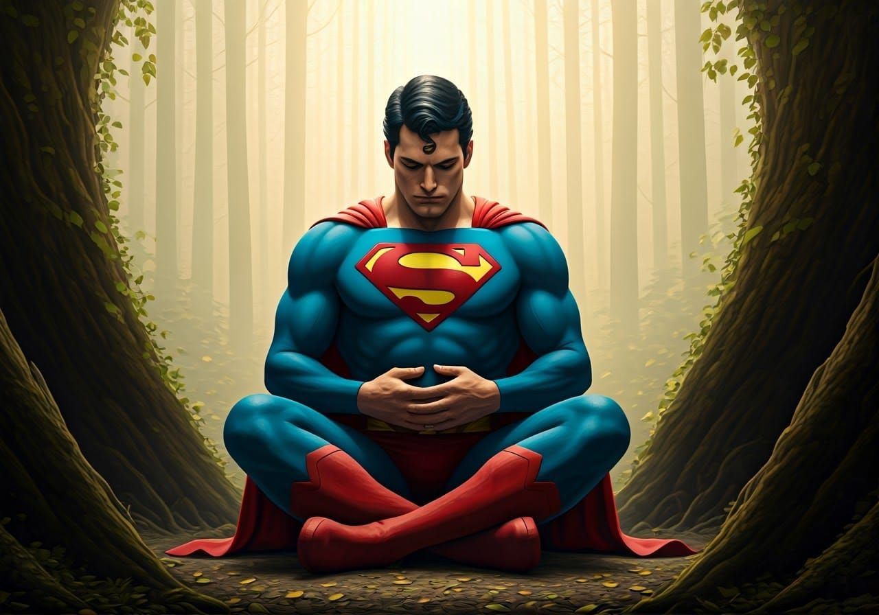Superman Meditates in Misty Forest, Dreamlike Art