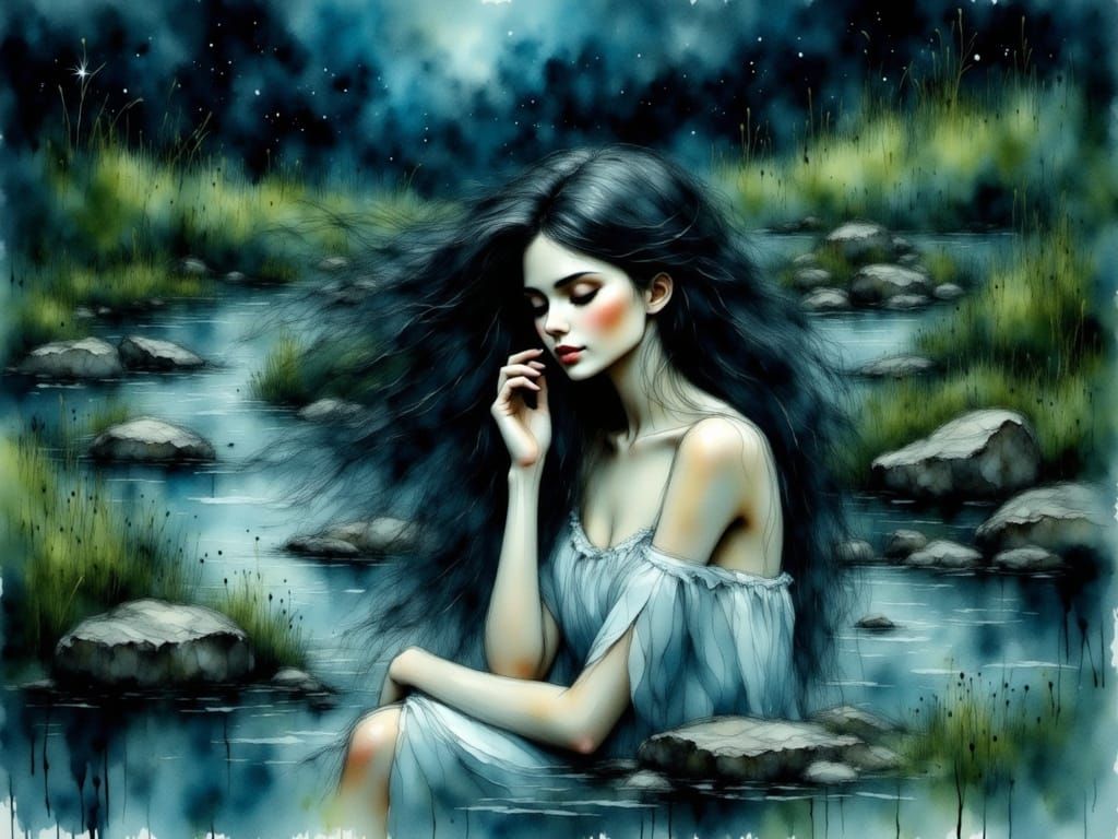 Norse Goddess in Ink Drip Style Under Stars