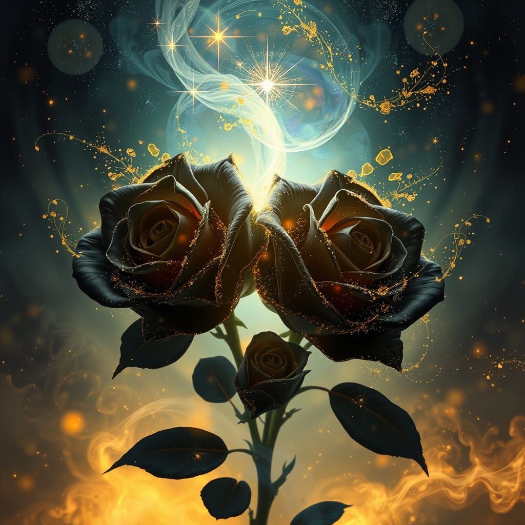 Surreal Black Roses with Gold Particles in Dreamlike Landsca...