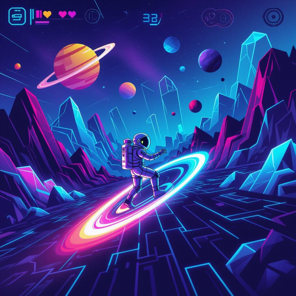 Astronaut Navigating Neon Planet in Geometry Dash Style