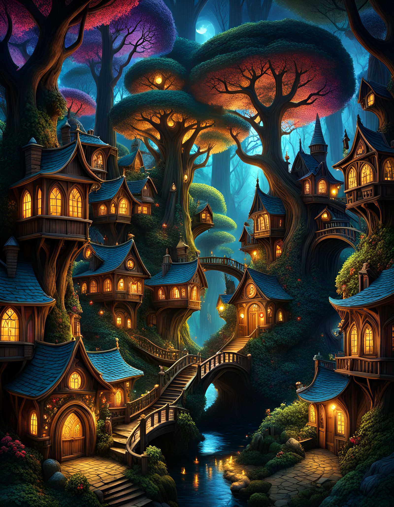 Magical Glowing Village Optical Illusion in Dark Forest