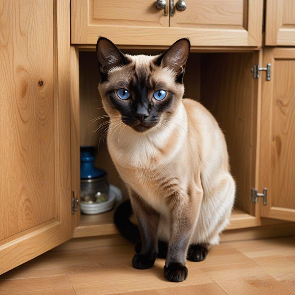 Siamese Cat Burglar Opens Cupboard