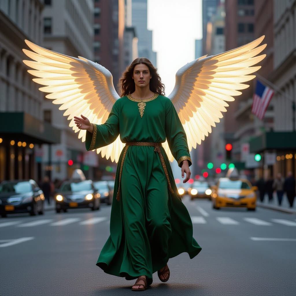 St. Raphael archangel,in green clothes  in New York City,ill...