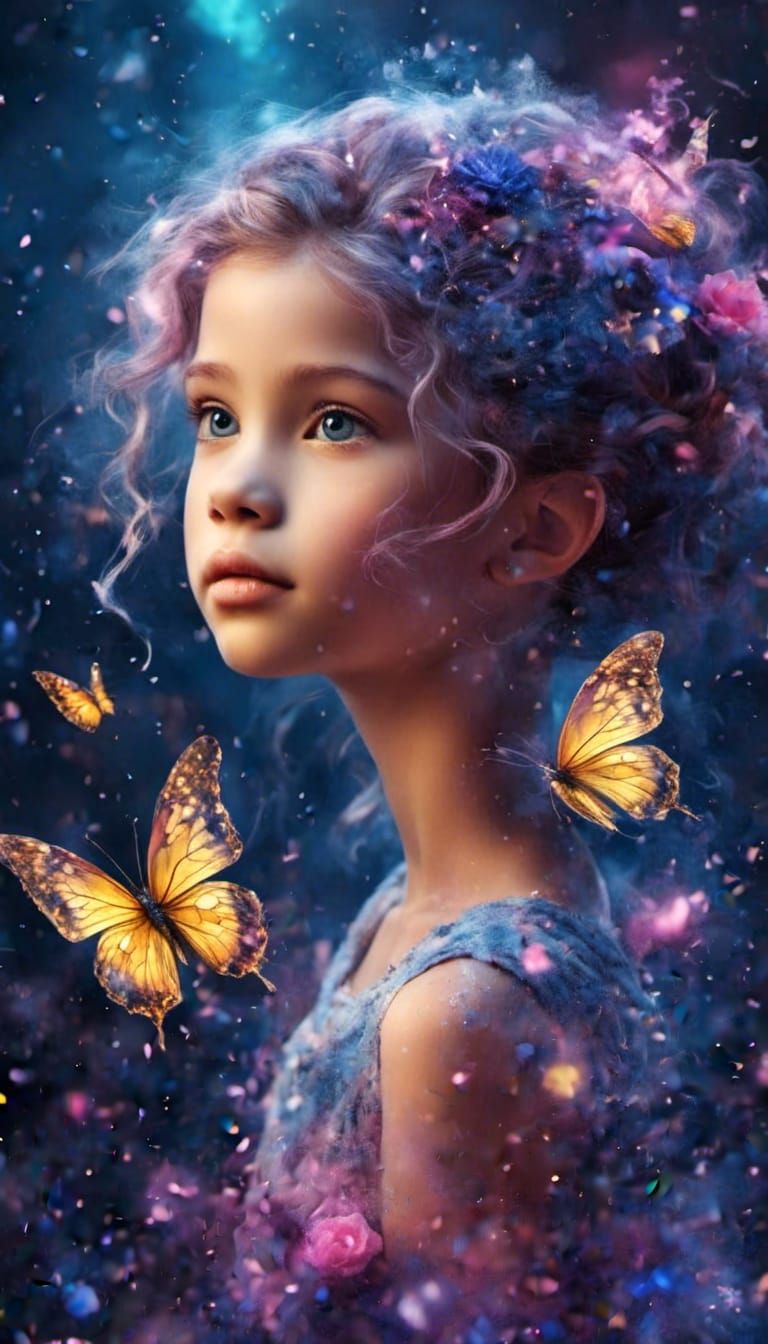 Girl with Butterflies and Glittering Stars