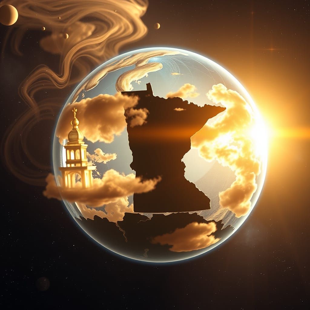 Minnesota Globe in Space with Golden Clouds and Figures