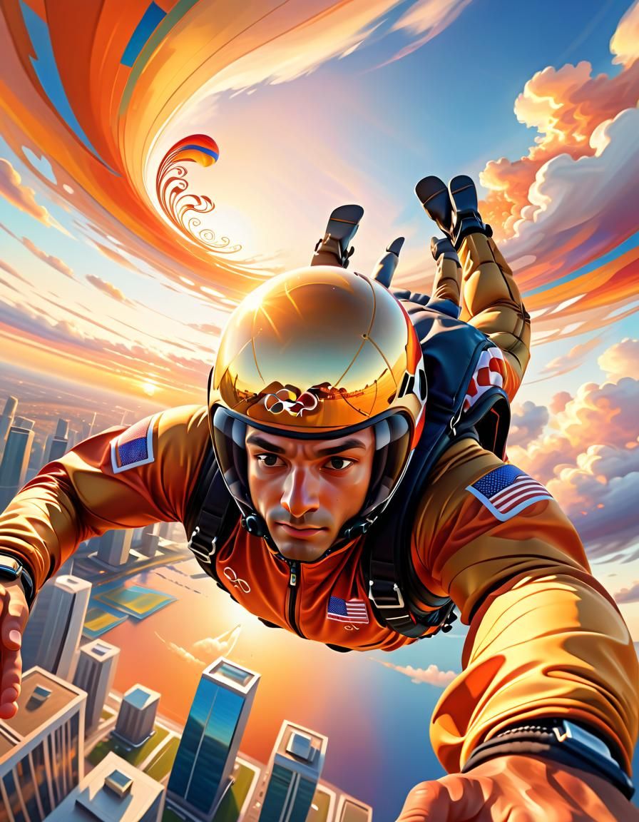 Skydiver in Action: Vibrant Oil Painting Sunset
