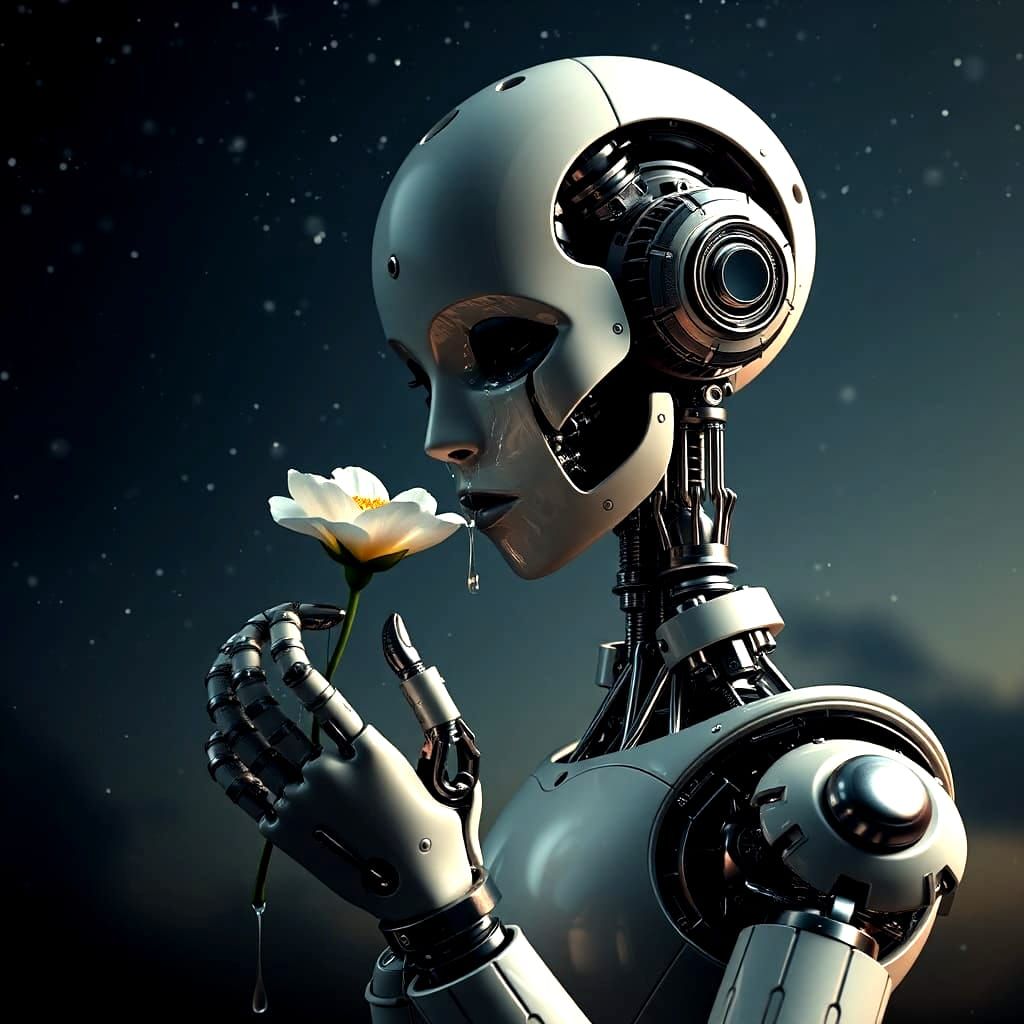 Nostalgic Robot with Flower in Starry Night